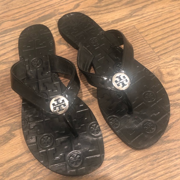 Tory Burch Shoes - Tory Burch Thora Patent Leather Black Thong Sandal